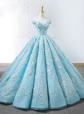 Blue Ball Gown Off The Shoulder Appliques Haute Couture Wedding Dress